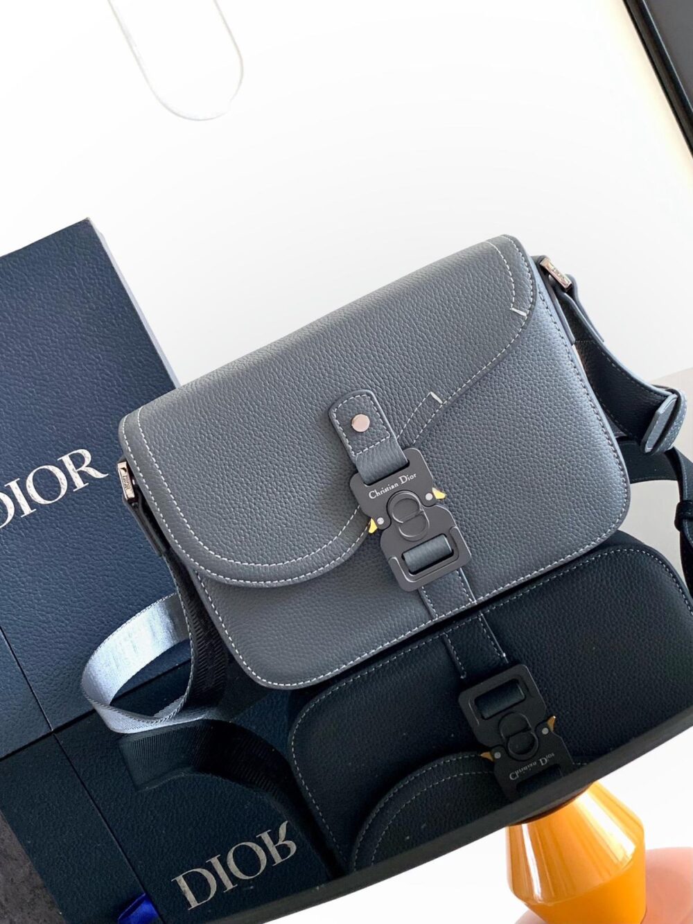 Dior Saddle Messenger Bag Grey Leather